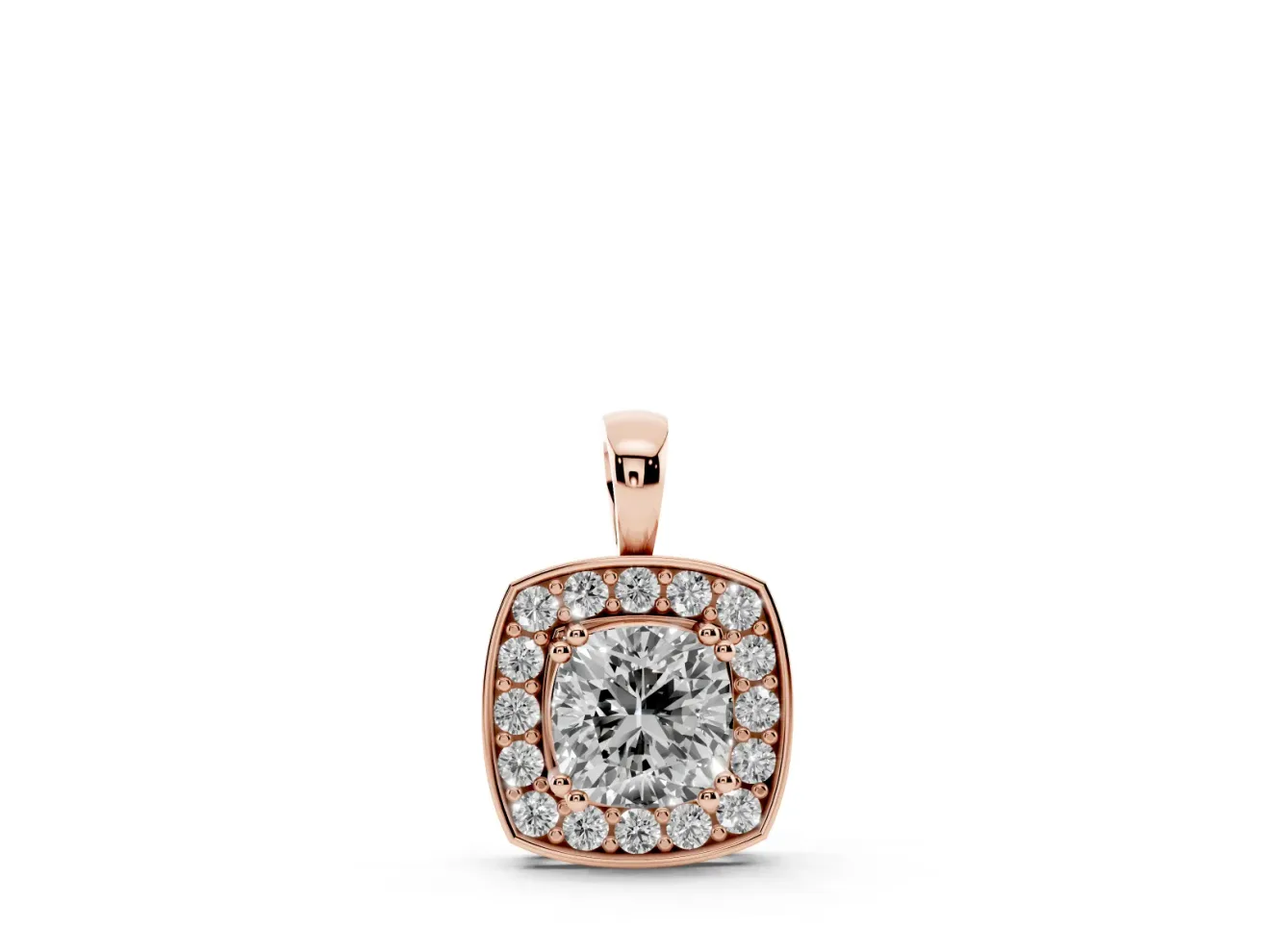Cushion Cut Lab-Grown Diamond Halo Pendant Necklace | Plain Bail | Rose Gold