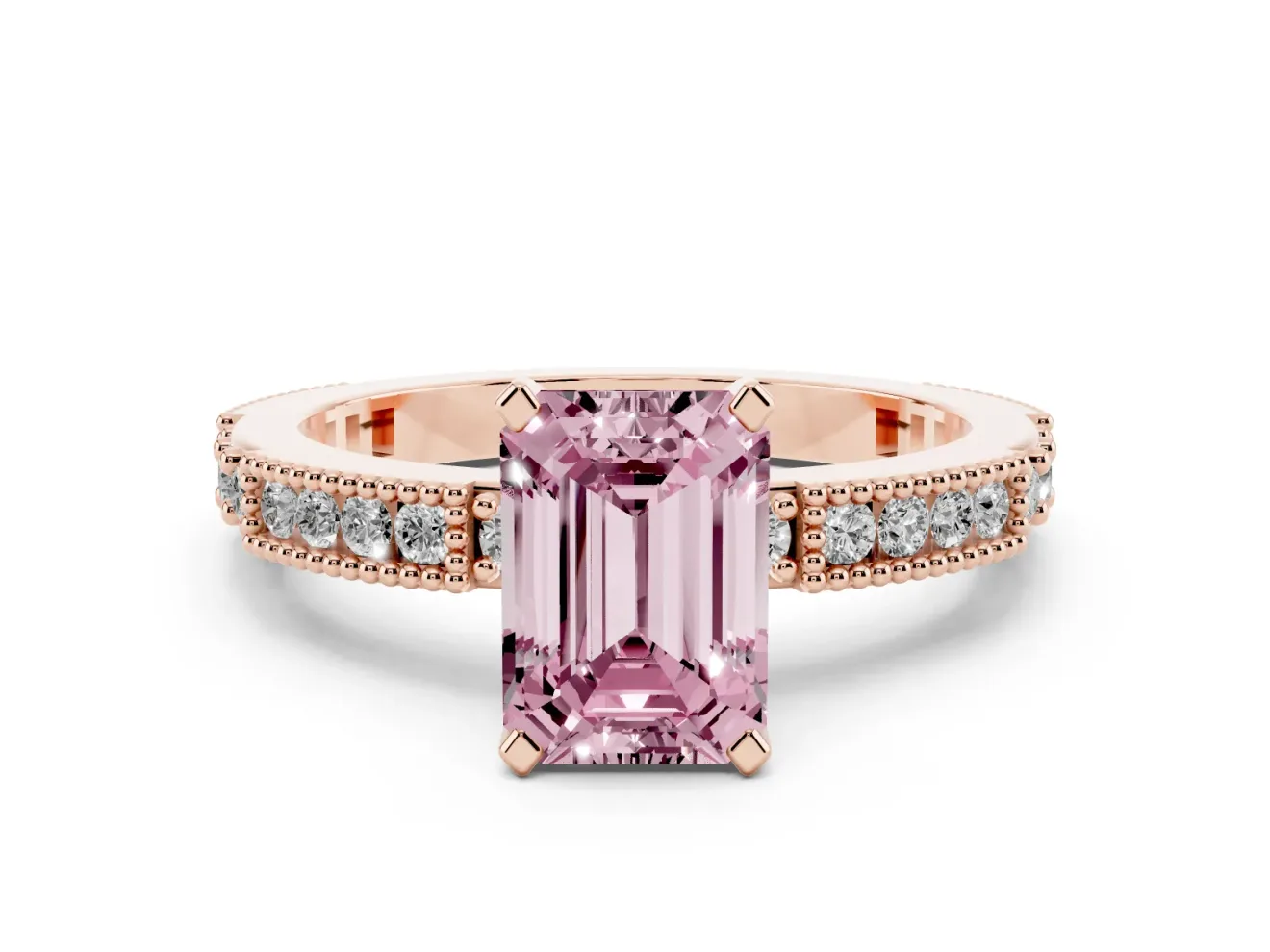Fancy Pink Emerald Cut Diamond Solitaire Ring Set in Rose gold with Slim Pavé Band and Prong Setting