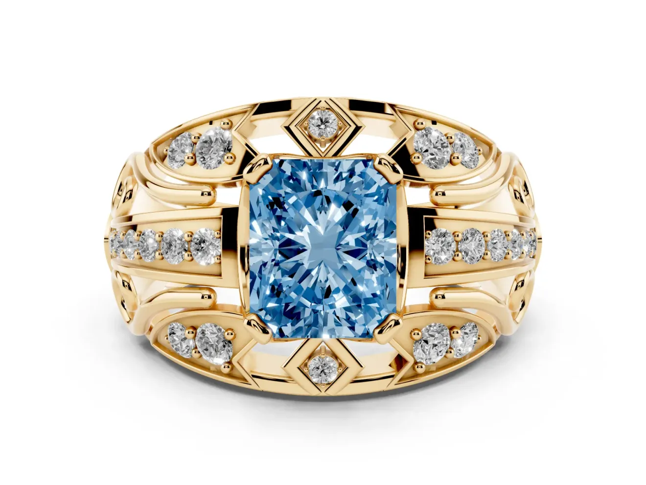 Radiant Cut Art Deco Engagement Ring Setting for a Fancy Blue Lab-Grown Diamond | Yellow Gold
