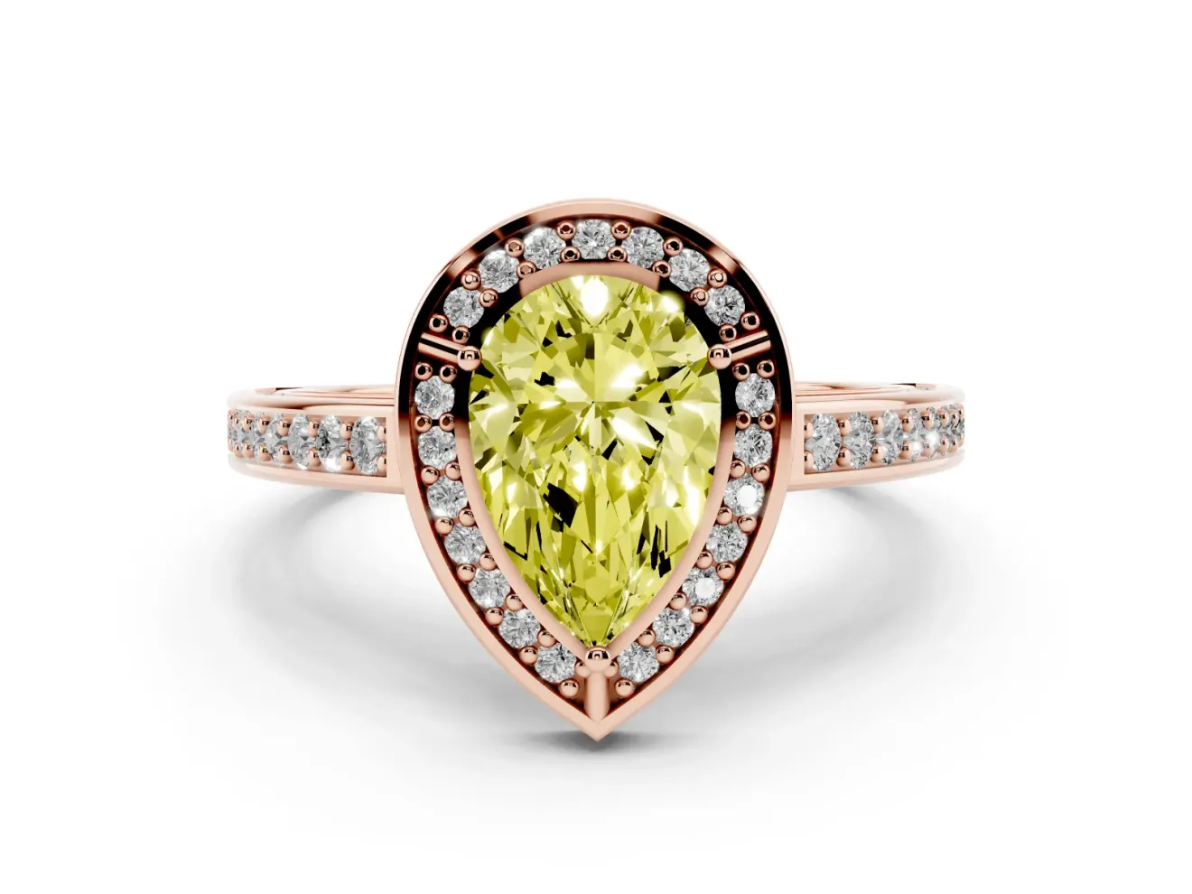 Fancy Yellow Pear Cut Diamond Halo Pavé Split Shank Ring Set in Rose gold with Prong Setting