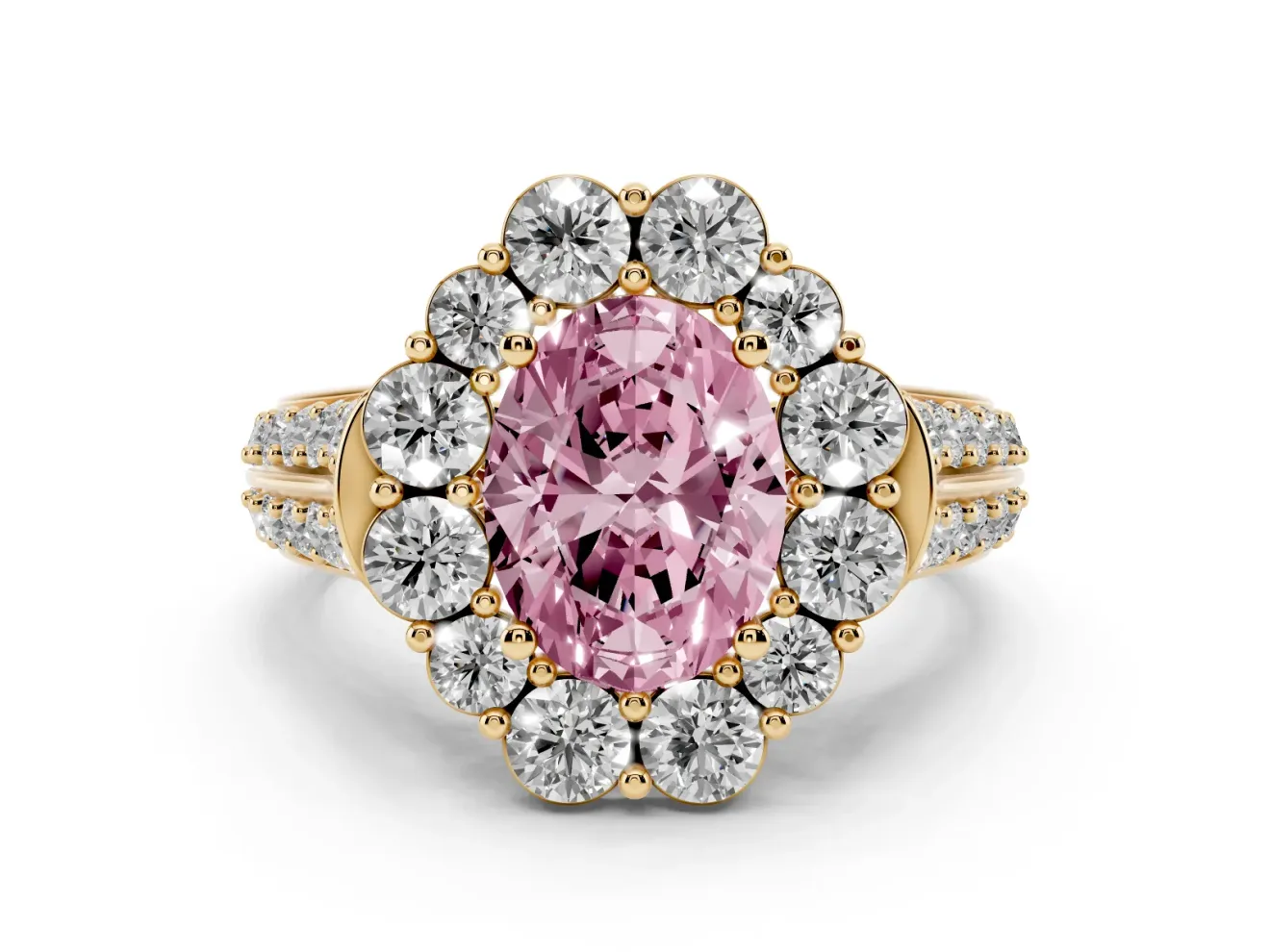 Fancy Pink Oval Cut Diamond Halo Engagement Ring Set in Yellow gold with Split Shank and Prong Setting