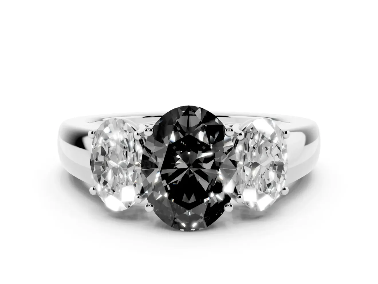 Fancy Black Three-Stone Oval Cut Diamond Ring Set in Platinum with Matching Prong Settings and Plain Band