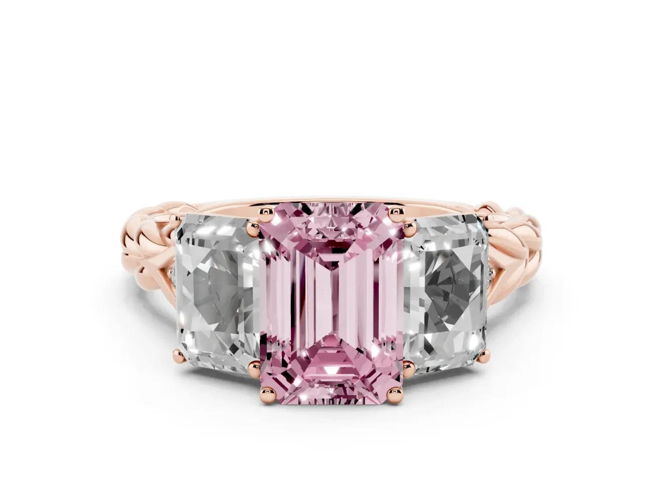 Emerald Cut Three Stone Engagement Ring Setting for a Fancy Pink Lab-Grown Diamond | Braided Band | Rose Gold