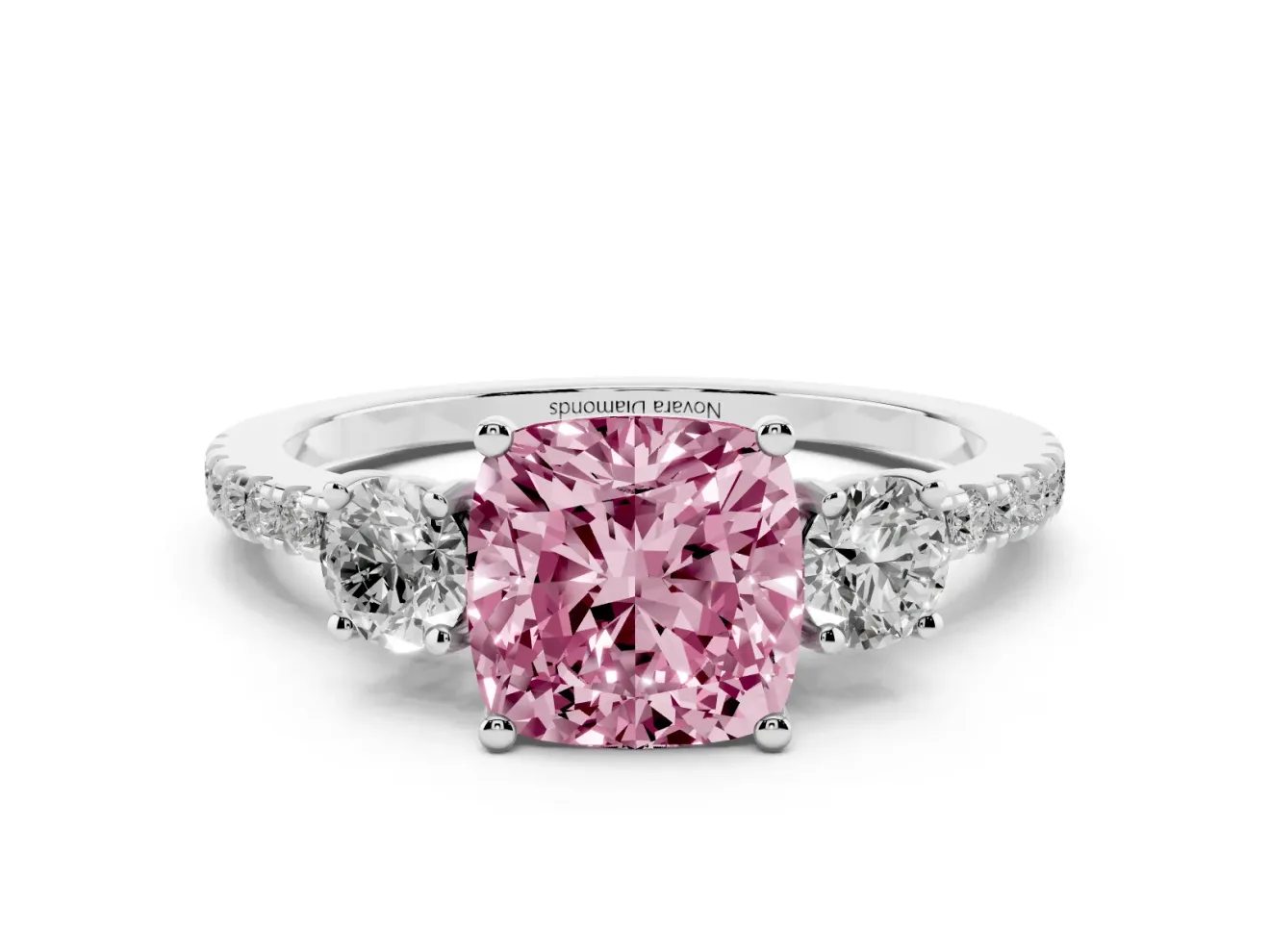 Cushion Cut Three Stone Engagement Ring Setting for a Fancy Pink Lab-Grown Diamond | Pave Shoulders | Sterling Silver