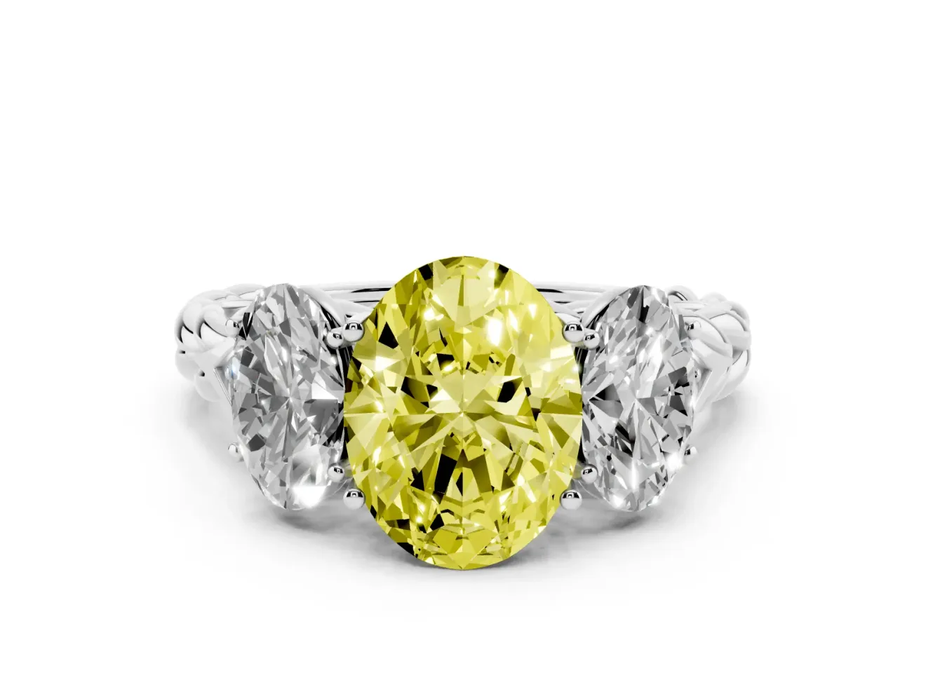Fancy Yellow Oval Cut Diamond Three-Stone Ring Set in Silver with Braided Band