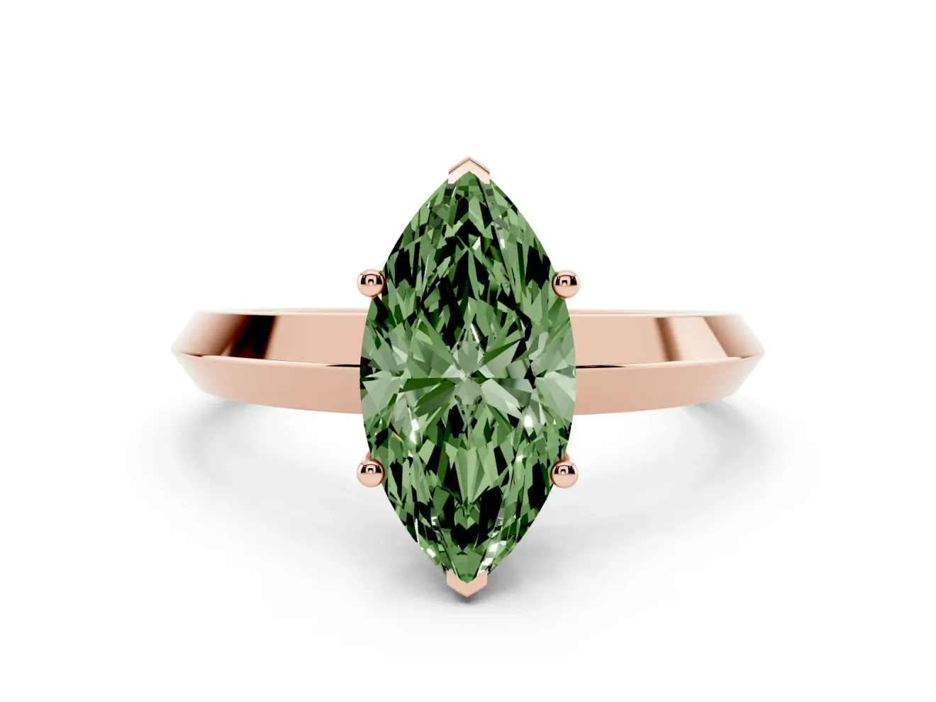 Fancy Green Marquise Cut Diamond Solitaire Engagement Ring Set in Rose gold with Flat Band and Prong Setting