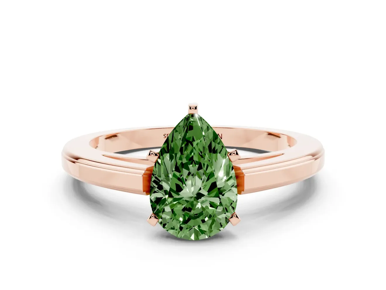 Fancy Green Pear Cut Diamond Solitaire Ring Set in Rose gold with Prong Setting and Classic Band