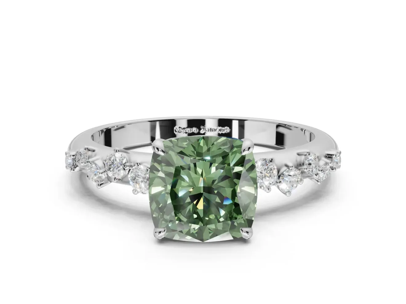 Cushion Cut Graduated Solitaire Engagement Ring Setting for a Fancy Green Lab-Grown Diamond | White Gold