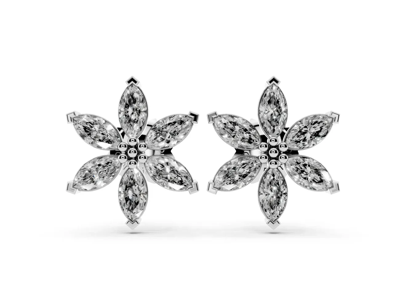 Marquise Lab-Grown Diamond Six Petal Flower Stud Earrings | Beaded Middle | Sterling Silver