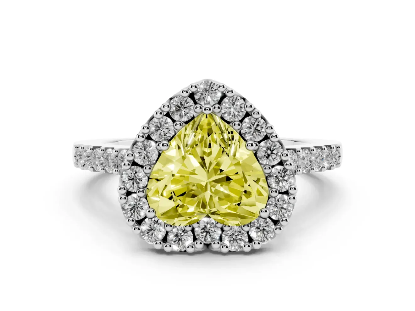 Fancy Yellow Heart Cut Diamond Halo Pavé Solitaire Ring Set in Platinum with Prong-Set Center Stone