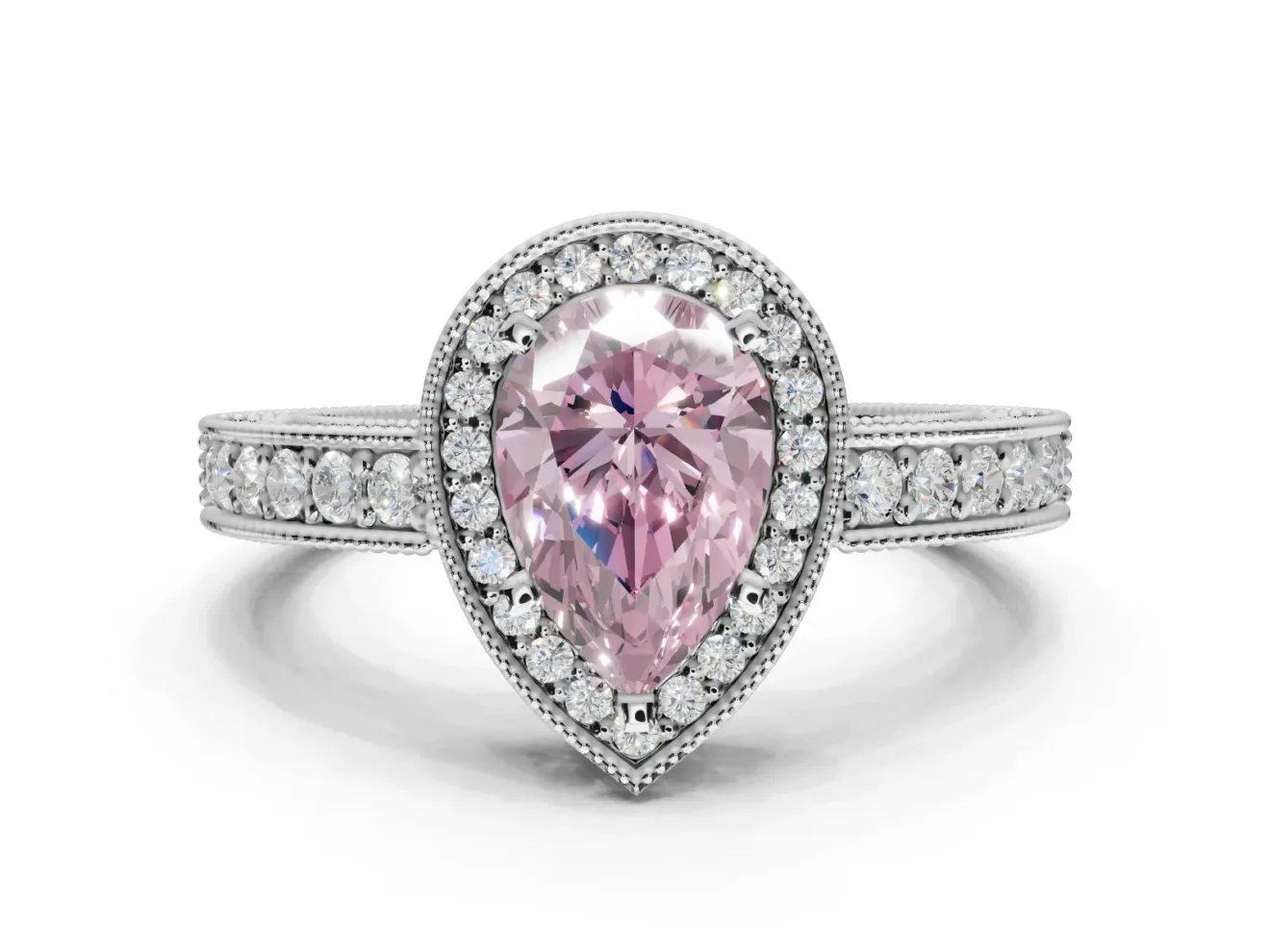 Pear-Shaped Milgrain Halo Engagement Ring Setting for a Fancy Pink Lab-Grown Diamond | Wide Pavé Band | Sterling Silver