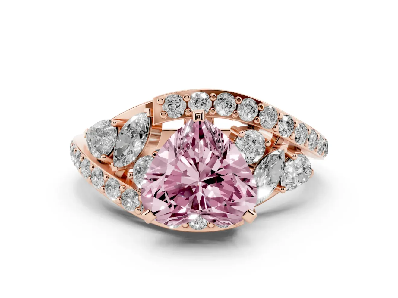 Fancy Pink Heart Cut Diamond Halo Ring Set in Rose gold with Marquise and Pavé Band in Prong Setting