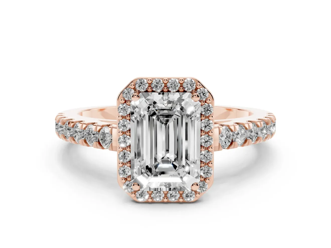 Emerald Cut Diamond Halo Engagement Ring Set in Rose gold with Pavé Band and Prong Setting