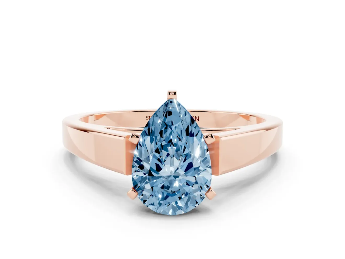 Fancy Blue Pear Cut Diamond Solitaire Engagement Ring Set in Rose gold with Prong Setting and Tapered Band