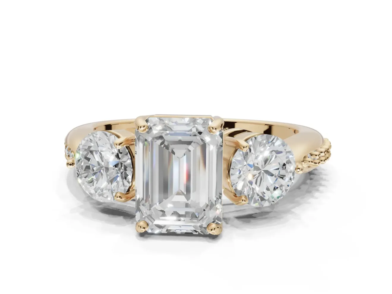 Emerald Cut Three Stone Engagement Ring Setting | Tapered Pave Band | Yellow Gold