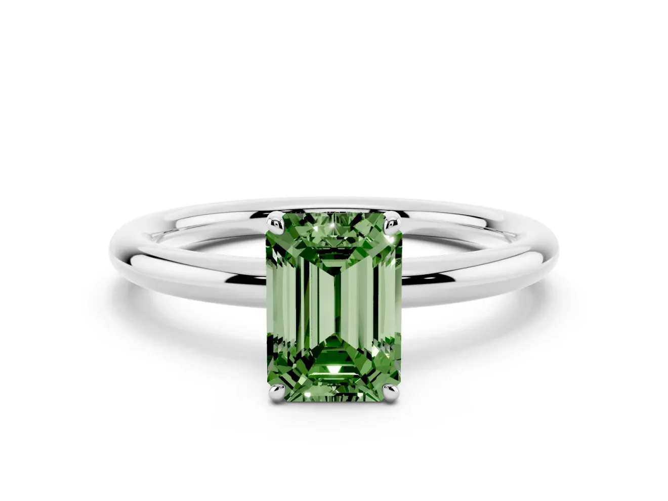 Fancy Green Emerald Cut Diamond Solitaire Ring Set in White gold with Prong Setting on a Polished Plain Band
