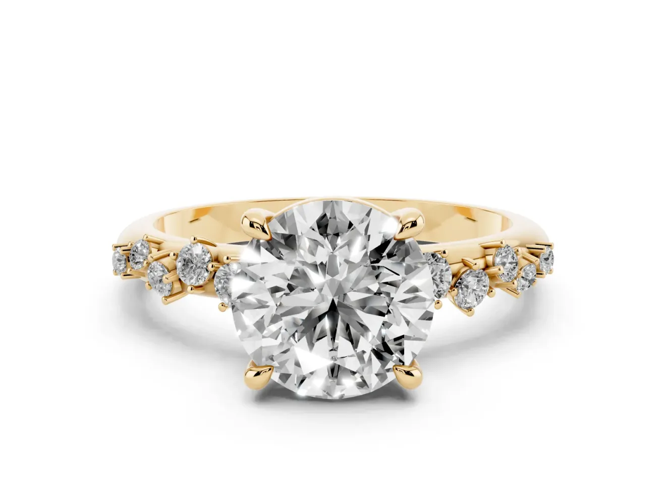 Round Cut Diamond Solitaire Vine Band Ring Set in Yellow gold with Round Accents and Prong Setting