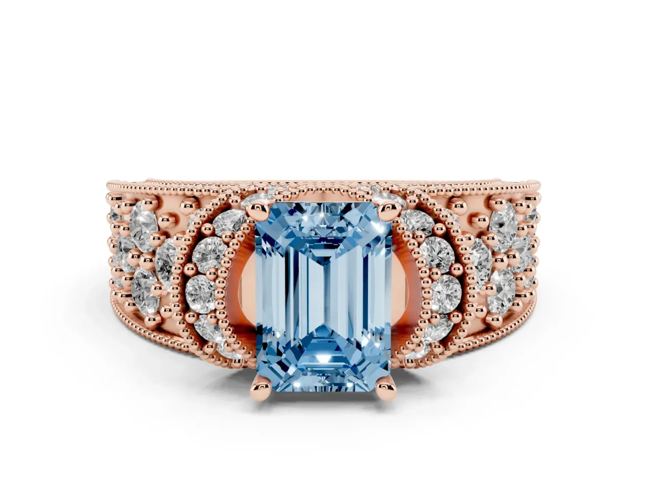 Emerald Cut Vintage Pave Engagement Ring Setting for a Fancy Blue Lab-Grown Diamond | Milgrain Edges | Rose Gold