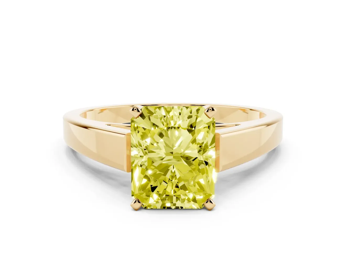 Fancy Yellow Radiant Cut Diamond Solitaire Engagement Ring Set in Yellow gold with Prong Setting and Tapered Band