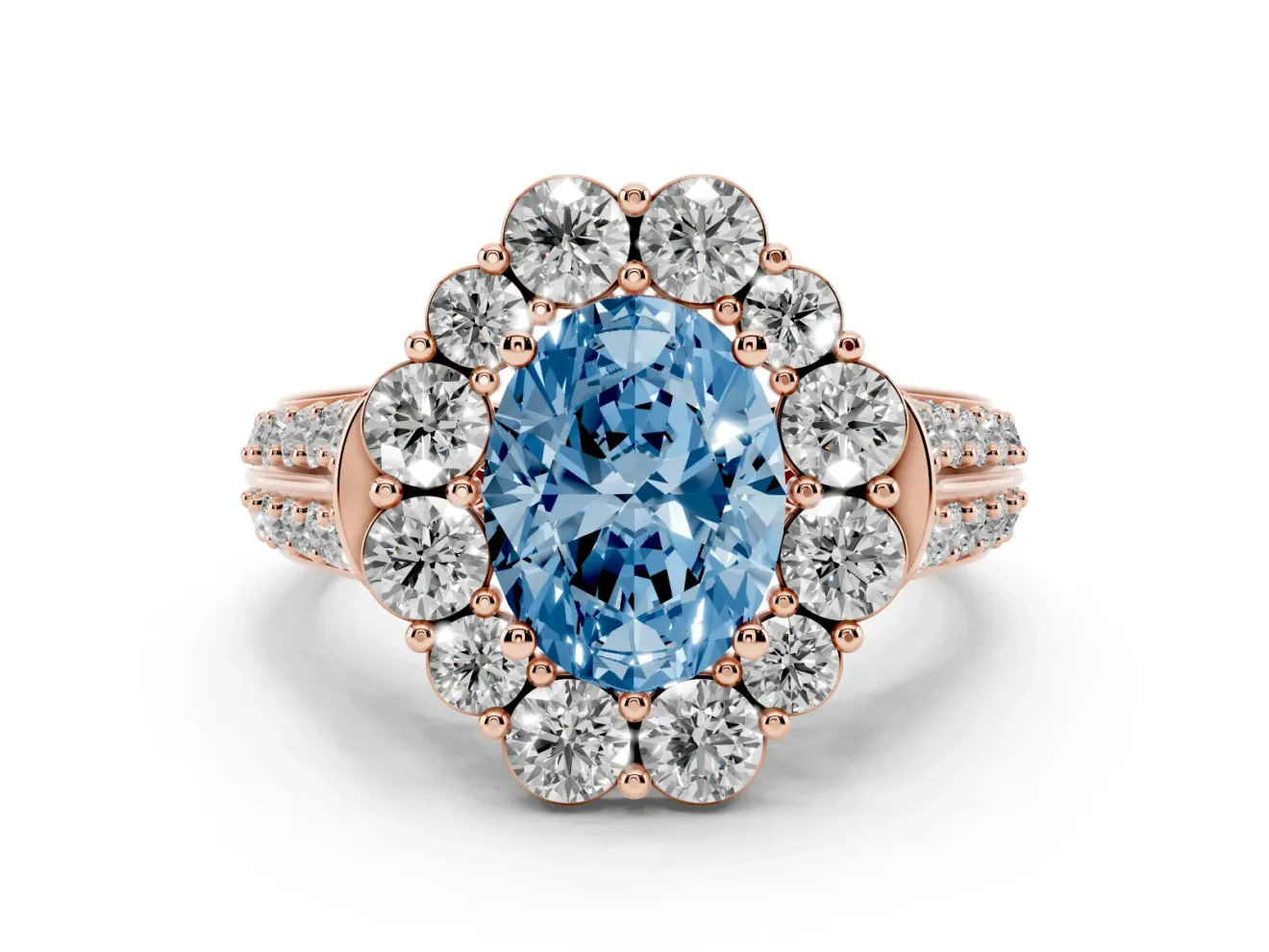 Fancy Blue Oval Cut Diamond Halo Engagement Ring Set in Rose gold with Split Shank and Prong Setting