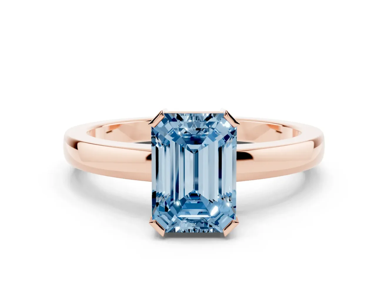 Fancy Blue Emerald Cut Diamond Solitaire Ring Set in Rose gold with Prong Head and Smooth Polished Band