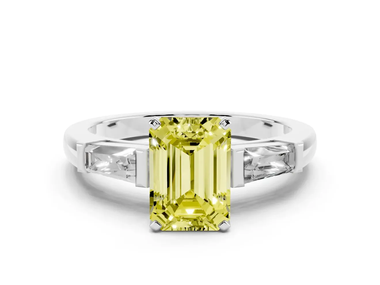 Fancy Yellow Emerald Cut Diamond Solitaire Ring Set in Silver with Tapered Baguette Side Stones and Prong Setting
