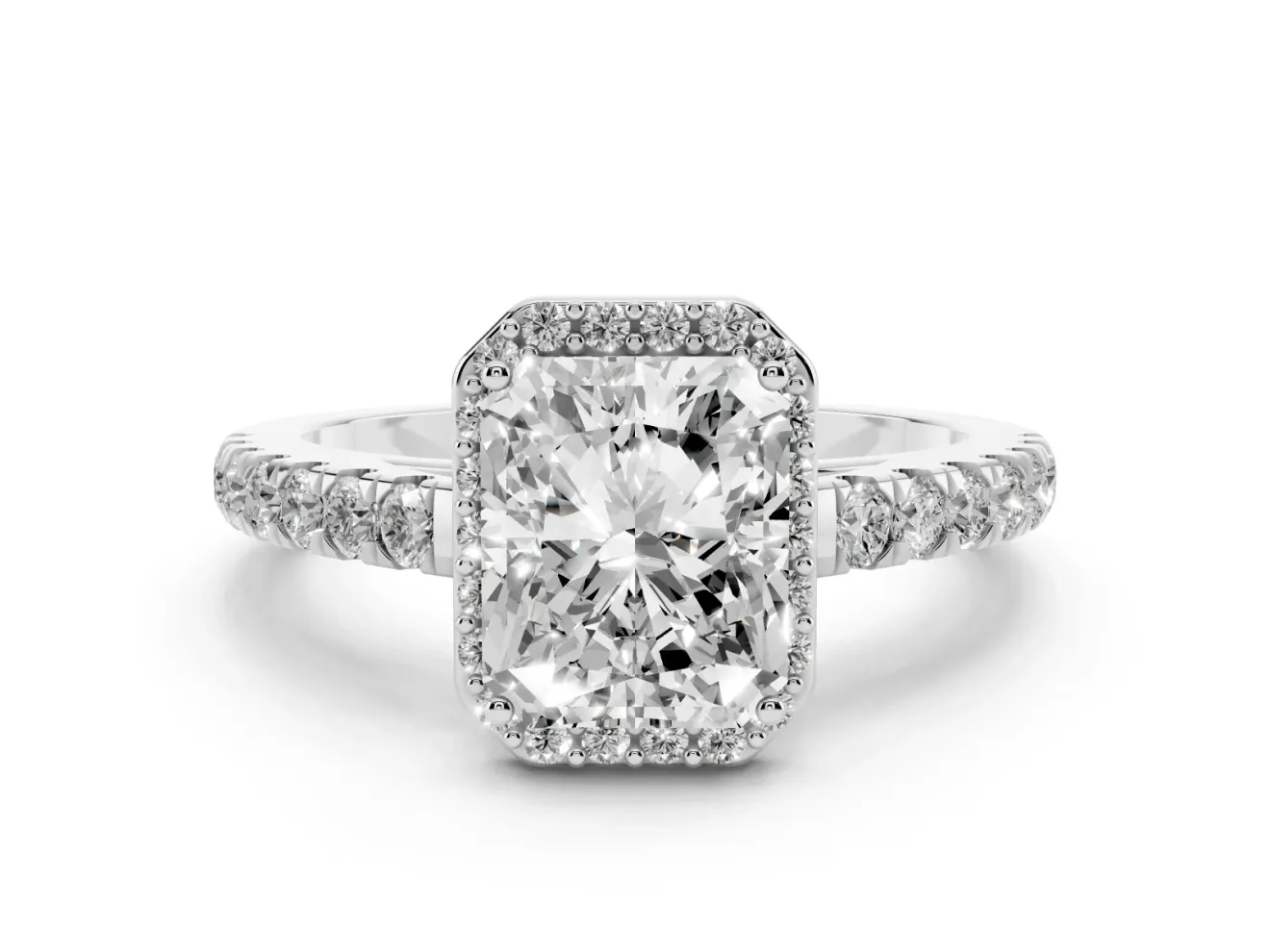 Radiant Cut Diamond Halo Engagement Ring Set in Platinum with Pavé Band and Prong Setting