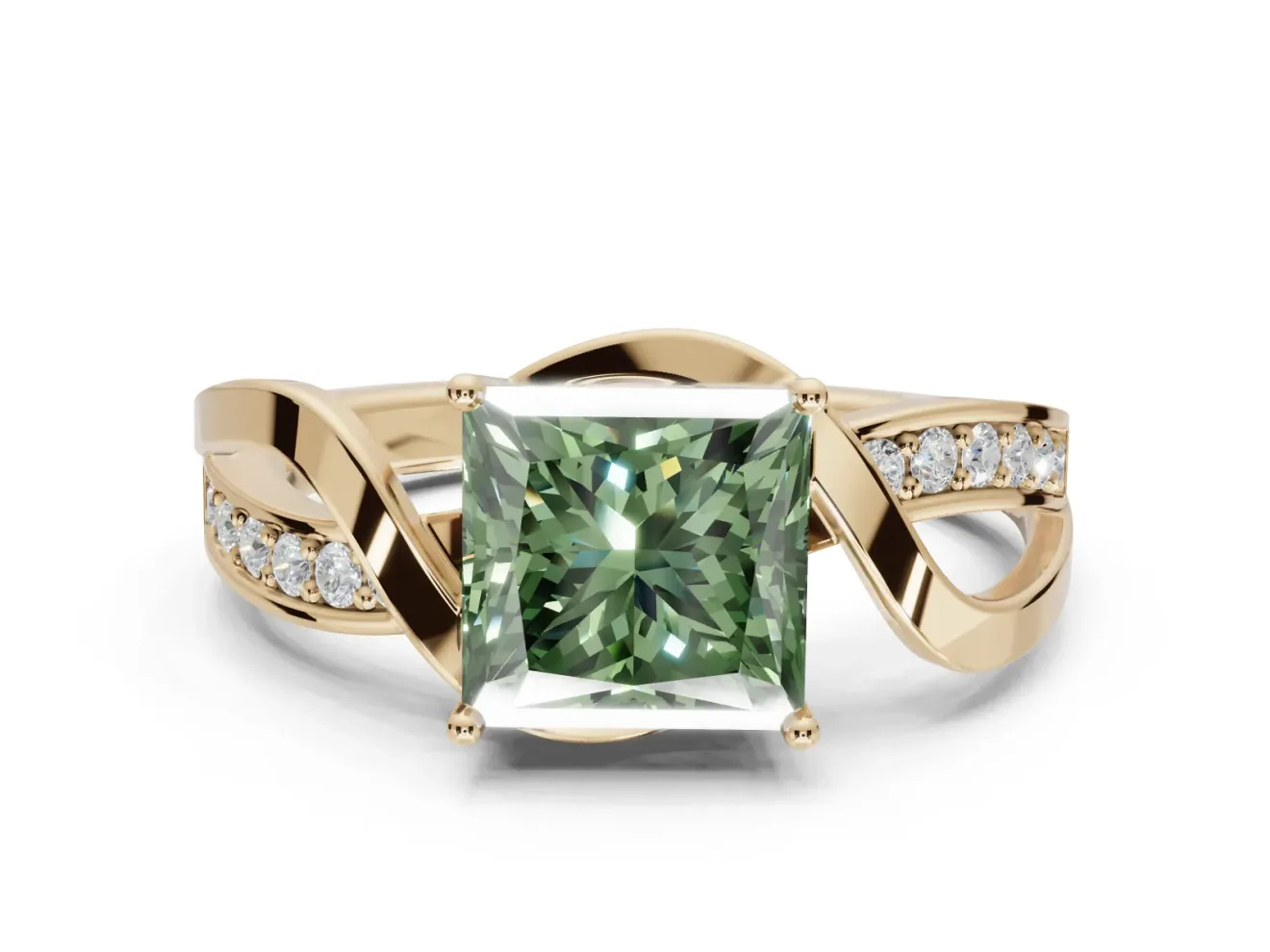 Princess Cut Bypass Solitaire Engagement Ring Setting for a Fancy Green Lab-Grown Diamond | Pavé Strands | Yellow Gold