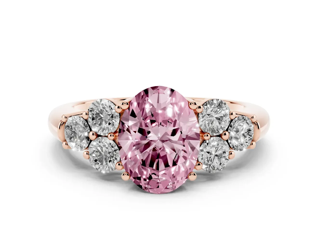Fancy Pink Oval Cut Diamond Cluster Ring Set in Rose gold with Round Accent Stones and Prong Setting on a Plain Band