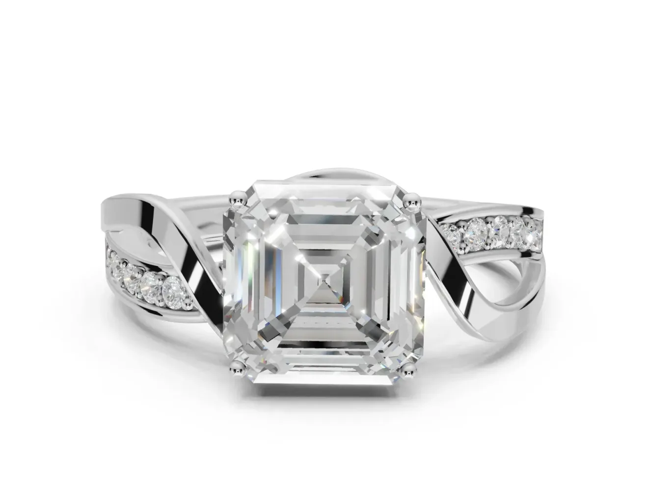 Asscher Cut Bypass Solitaire Engagement Ring Setting | Pavé and Plain Strands | Platinum