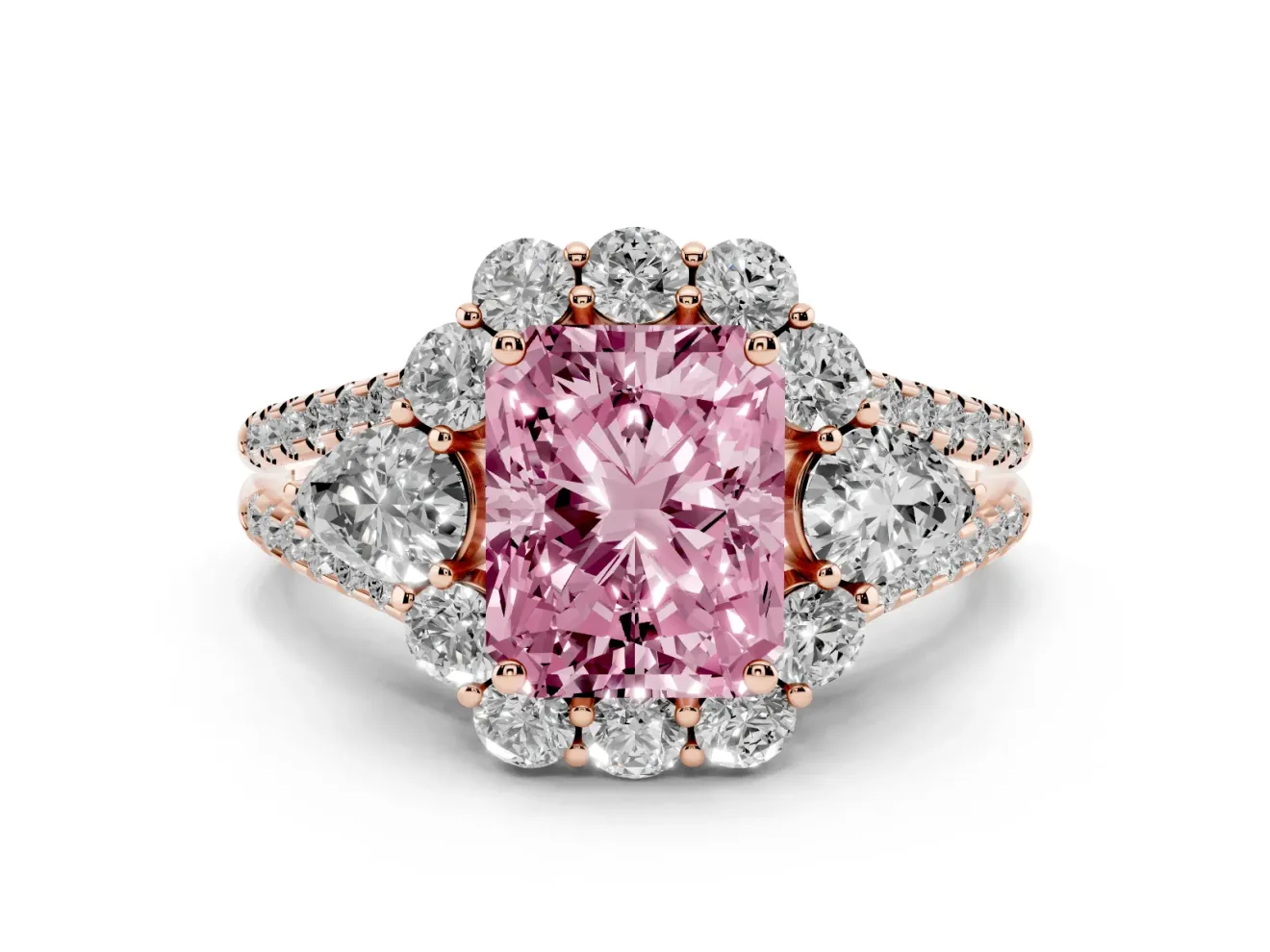 Radiant Cut Scalloped Halo Engagement Ring Setting for a Fancy Pink Lab-Grown Diamond | Pear Side Stones | Rose Gold
