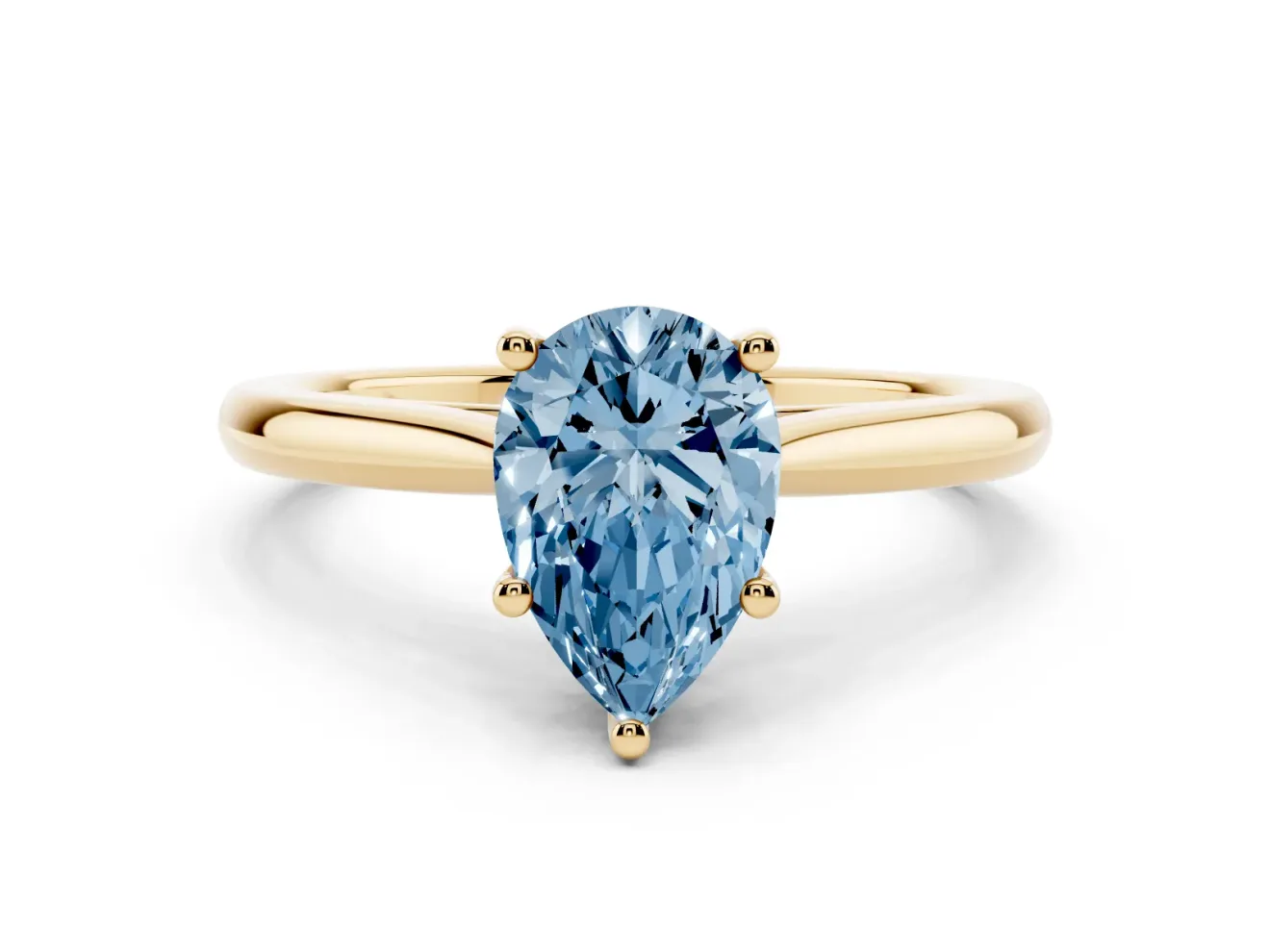 Fancy Blue Pear Cut Diamond Solitaire Ring Set in Yellow gold with Cathedral Band and Prong Setting