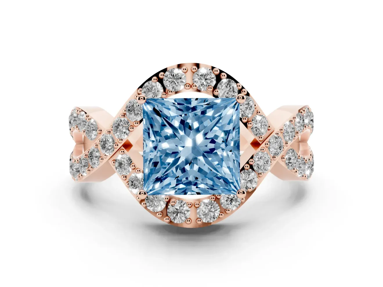 Fancy Blue Princess Cut Diamond Solitaire Twist Band Pavé Engagement Ring Set in Rose gold