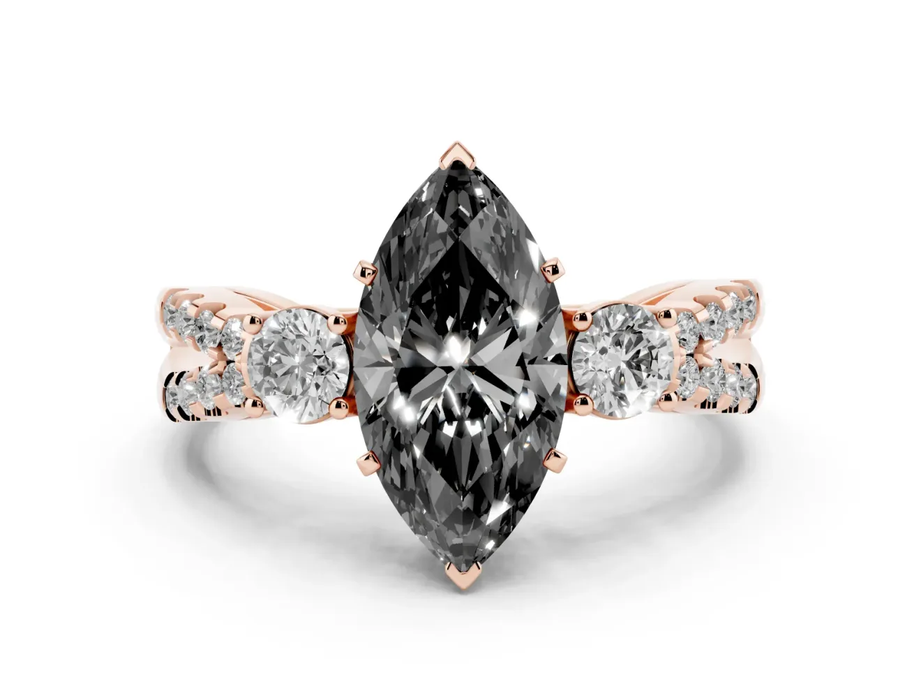 Fancy Black Marquise Cut Diamond Three-Stone Ring Set in Rose gold with Pavé Split Shank and Prong Setting