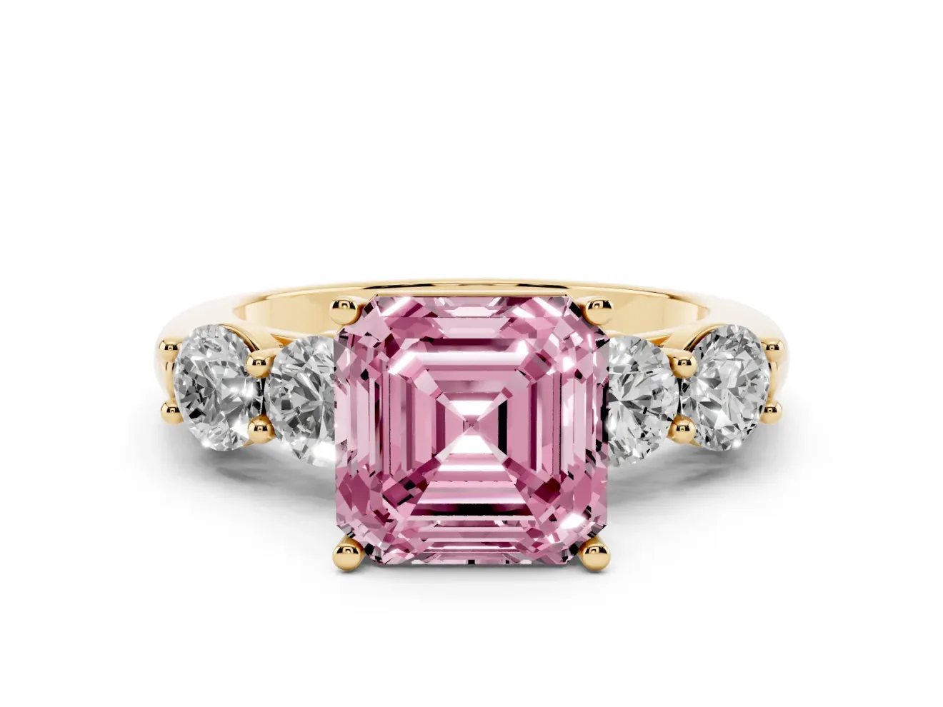 Asscher Cut Five Stone Engagement Ring Setting for a Fancy Pink Lab-Grown Diamond | Prong Set Side Stones | Yellow Gold