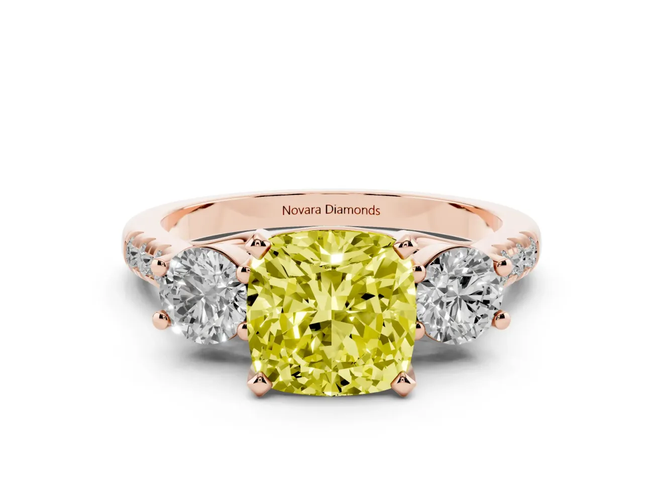 Fancy Yellow Three-Stone Cushion Cut Diamond Pavé Band Ring Set in Rose gold with Prong-Set Trio