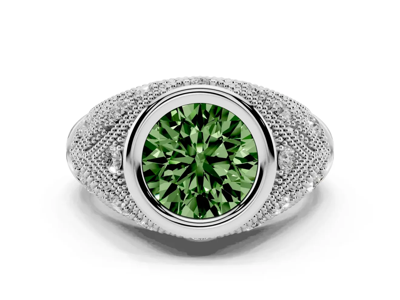 Round Vintage Bezel Engagement Ring Setting for a Fancy Green Lab-Grown Diamond | Sterling Silver