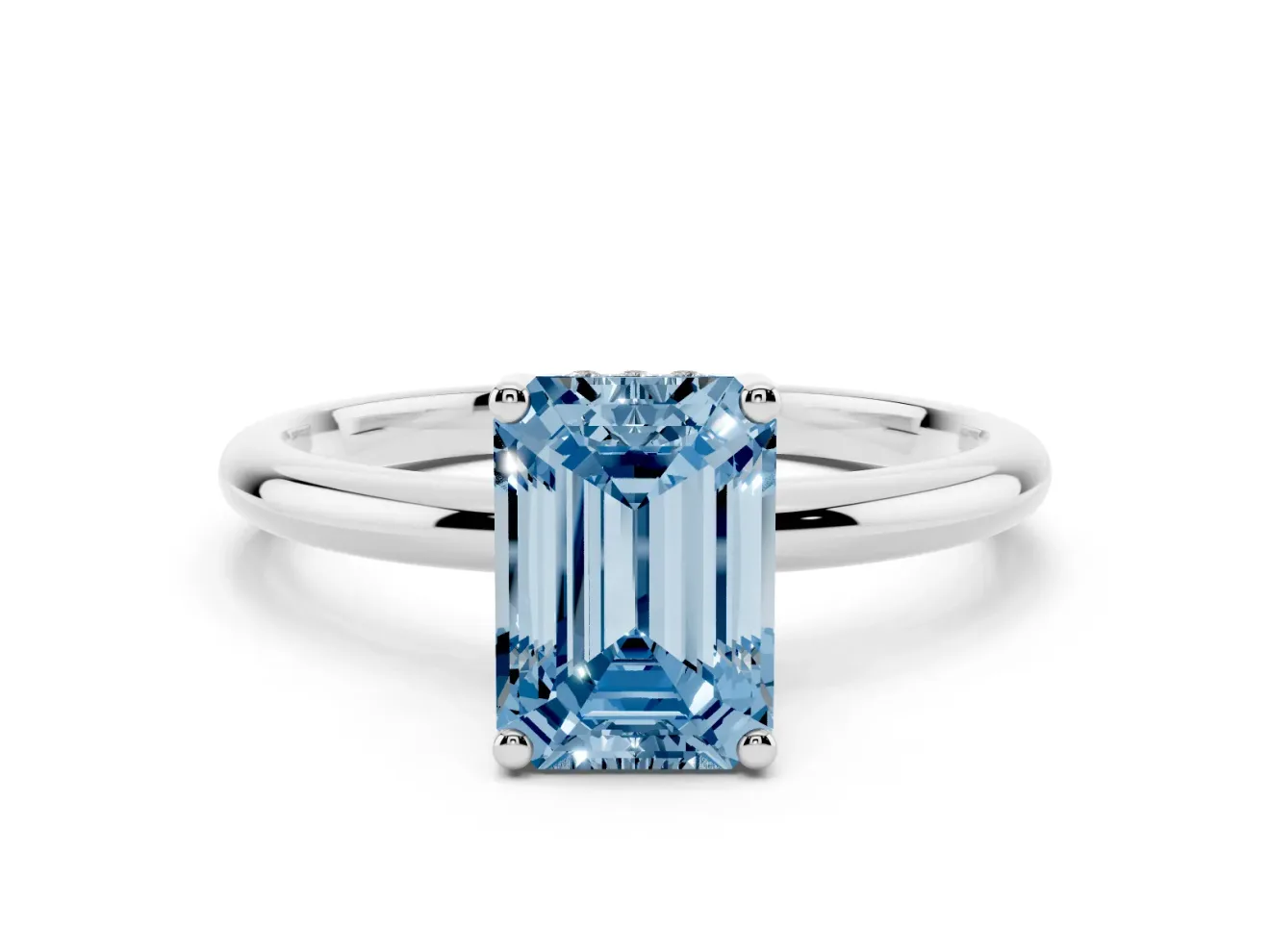 Fancy Blue Emerald Cut Diamond Solitaire Engagement Ring Set in Platinum with Prong Setting and Polished Band