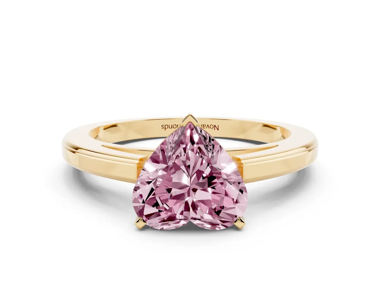 Fancy Pink Heart Cut Diamond Solitaire Ring Set in Yellow gold with Prong Setting and Classic Band