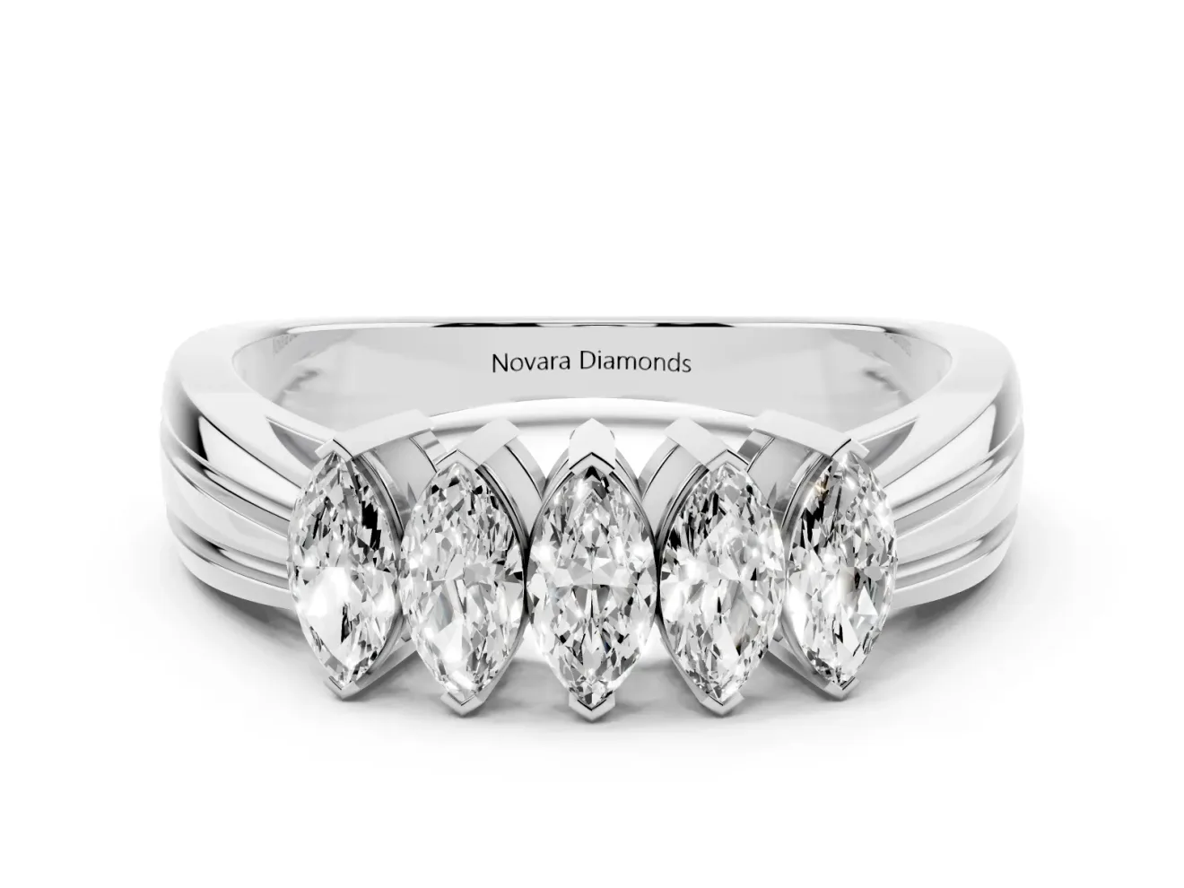 Marquise Lab-Grown Diamond North-South Wedding Band | Ribbed Shoulders | Sterling Silver