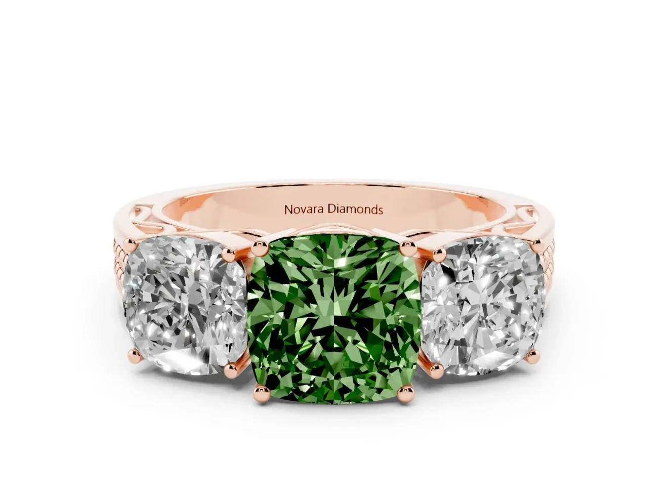 Cushion Cut Three Stone Engagement Ring Setting for a Fancy Green Lab-Grown Diamond | Beaded Shoulders | Rose Gold