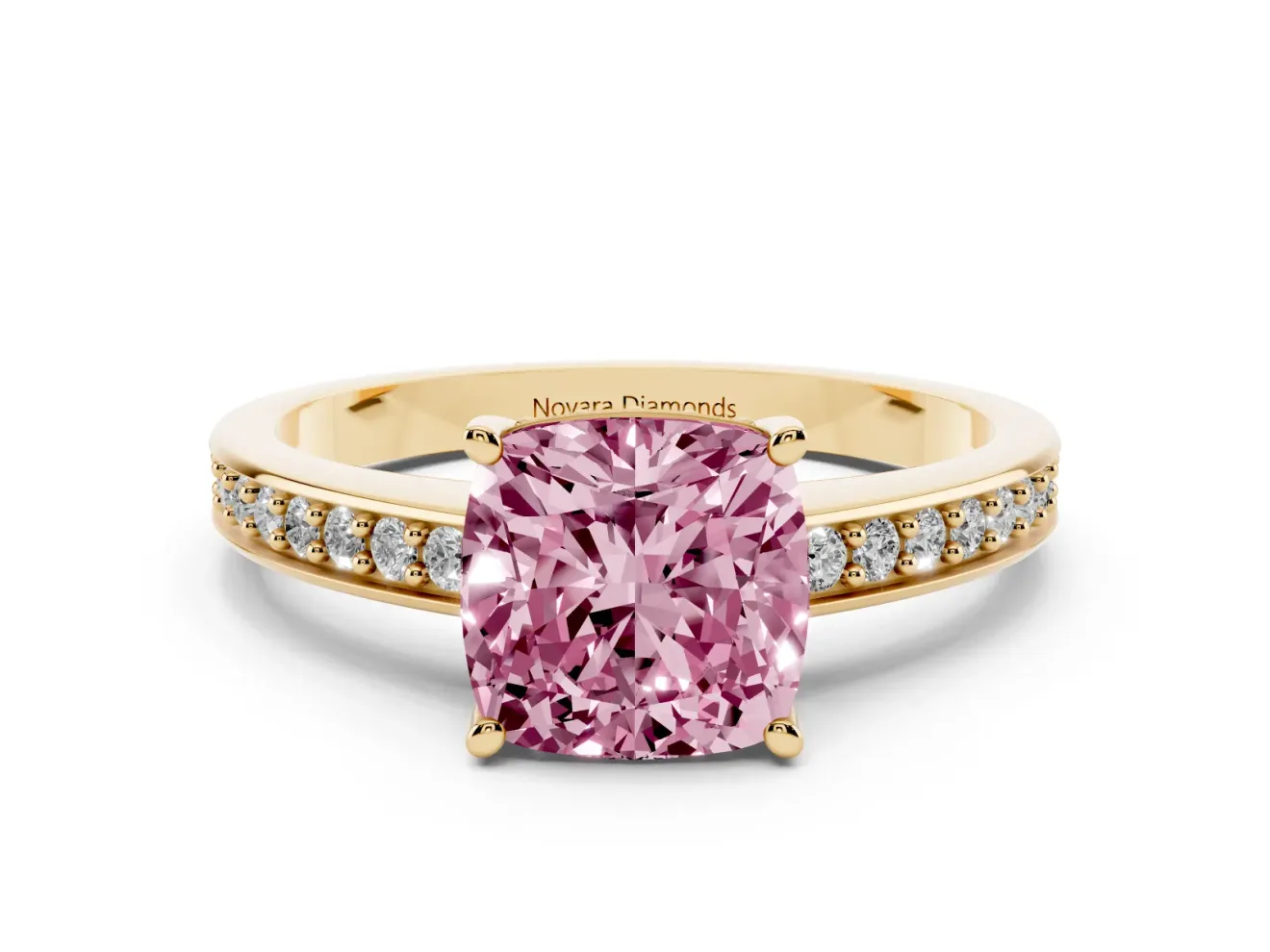 Cushion Cut Pave Solitaire Engagement Ring Setting for a Fancy Pink Lab-Grown Diamond | Accented Basket | Yellow Gold