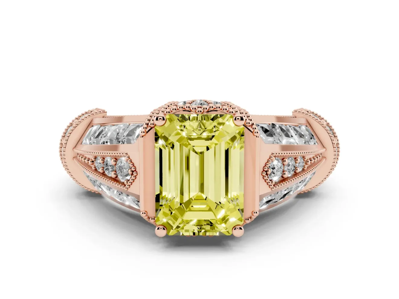 Emerald Cut Vintage Milgrain Engagement Ring Setting for a Fancy Yellow Lab-Grown Diamond | Hidden Halo | Rose Gold