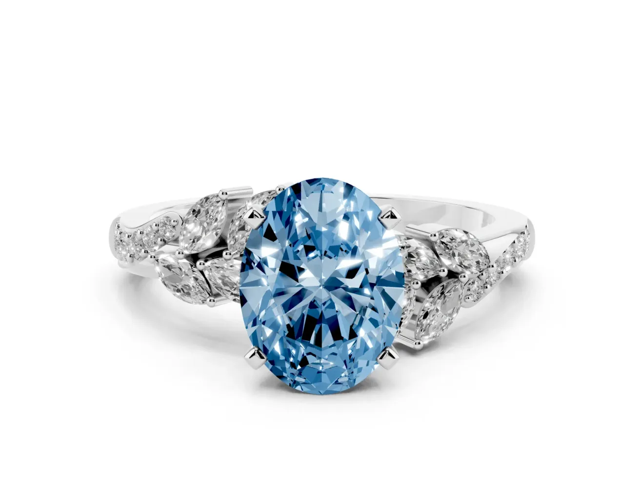 Fancy Blue Oval Cut Diamond Solitaire Ring Set in Platinum with Marquise Twist Band and Prong Setting