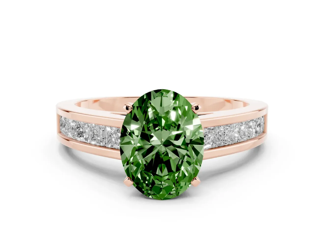 Fancy Green Oval Cut Diamond Solitaire Ring Set in Rose gold with Channel-Set Band and Prong Setting