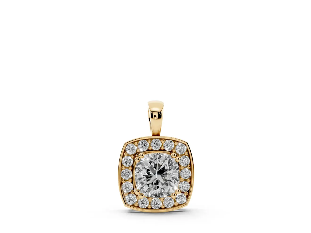 Cushion Cut Lab-Grown Diamond Halo Pendant Necklace | Plain Bail | Yellow Gold