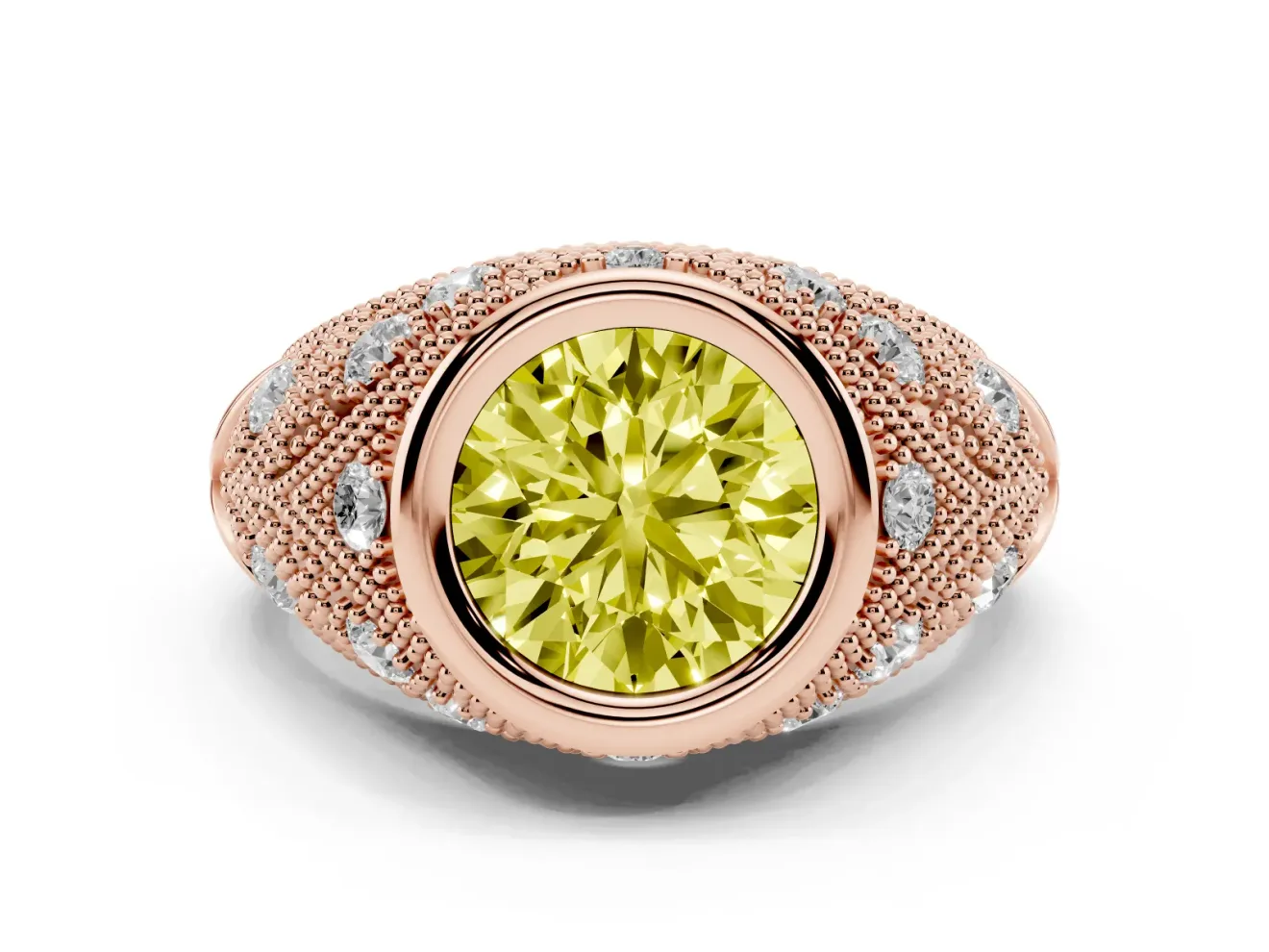 Fancy Yellow Round Cut Diamond Bezel Ring Set in Rose gold with Milgrain Accent Band