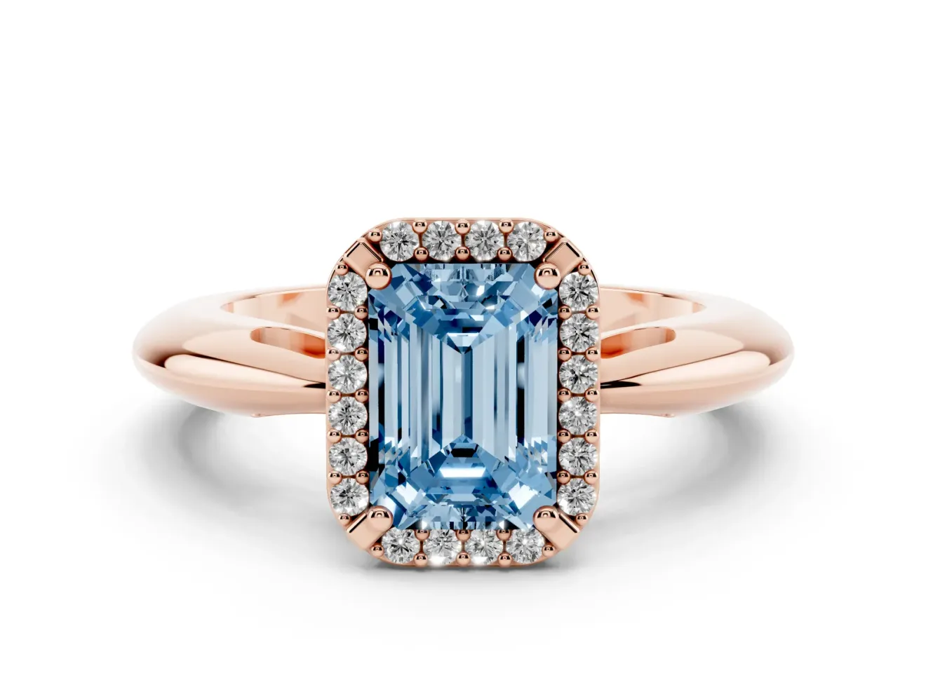Fancy Blue Emerald Cut Diamond Halo Engagement Ring Set in Rose gold with Plain Split Shank and Prong Setting