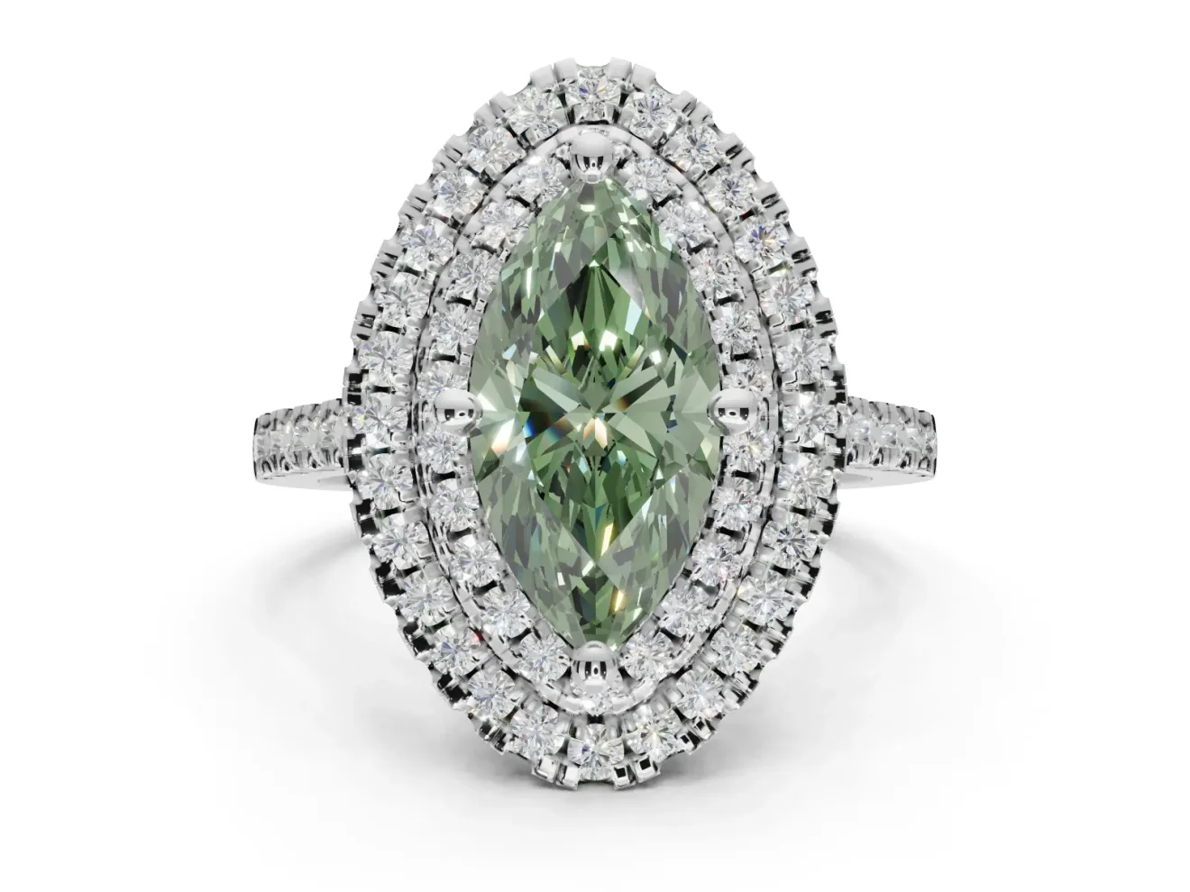 Marquise Double Halo Engagement Ring Setting for a Fancy Green Lab-Grown Diamond | Pave Shoulders | Platinum