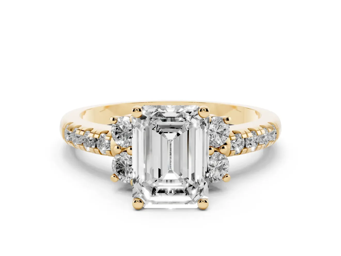 Emerald Cut Side Stone Pave Engagement Ring Setting | Paired Round Accents | Yellow Gold
